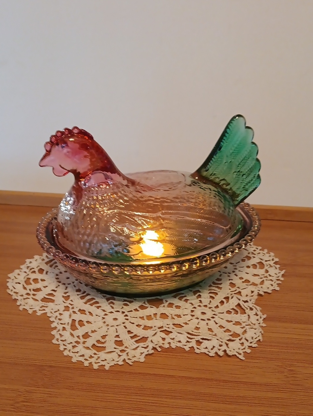 Vintage-Style Green and Pink Glass Hen On Nest Dish Large 7 Inches Long